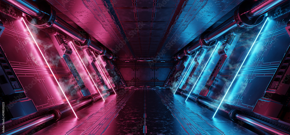 Aufkleber blue and pink spaceship interior with neon lights on panel walls. futuristic corridor in space stati