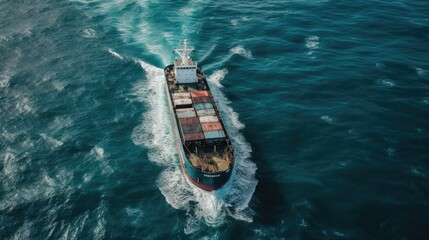 Close up top view image cargo ship sailing in the open sea