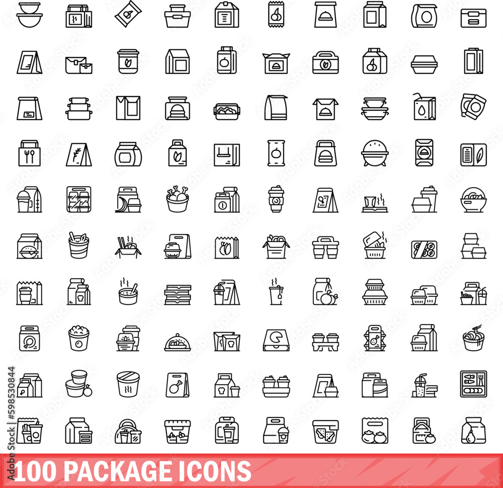 Wall mural 100 package icons set. Outline illustration of 100 package icons vector set isolated on white background - Wall murals
