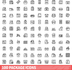 Fototapeta na wymiar 100 package icons set. Outline illustration of 100 package icons vector set isolated on white background