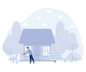 Environmentally friendly concept, Eco house, passive and energy-plus building, waste recycling, heating efficiency, flat vector modern illustration