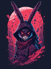 A rabbit with a red face and a black hood stands in front of a red fire