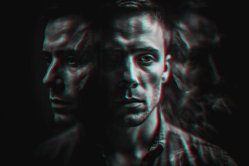 Portrait of schizophrenic man with mental disorders and paranoia in depression. Black and white with 3D glitch effect. Generative AI