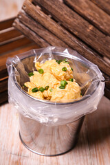 Dynamite shrimp served in dish isolated on background top view of arabic seafood special
