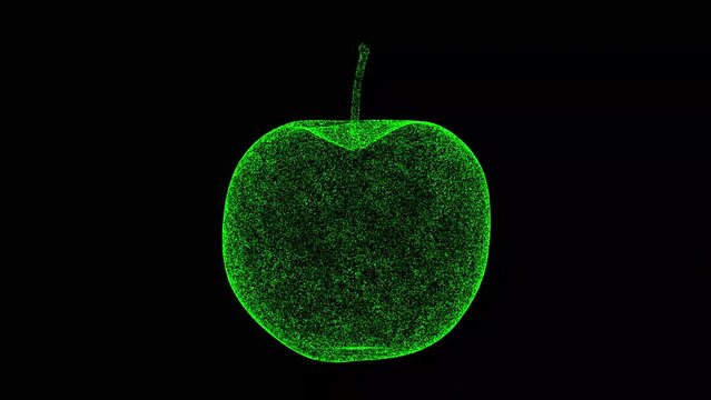 3D apple rotates on black bg. Object dissolved flickering particles. Organic food concept. For title, text, presentation. 3d animation 60 FPS