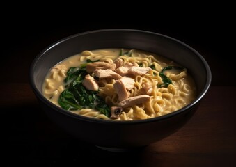 bowl of creamy chicken Ramen with noodles, spinach, and bamboo shoots