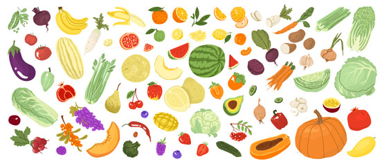 A set with vegetables and fruits. Farm products, organic farming. Different types of fruits and vegetables. Production of organic products. Vector illustration for farmers and food markets.