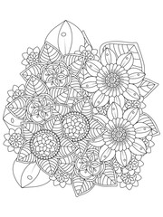Coloring book page for adult and kids. Cute doodle composition with abstract flowers and leaves