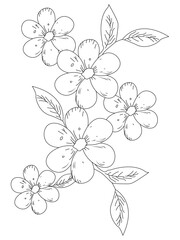 Coloring book page for adult and kids. Cute doodle composition with abstract flowers and leaves