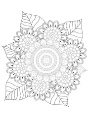 Coloring book page for adult and kids. Cute doodle composition with abstract flowers and leaves