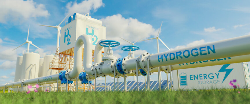 hydrogen pipeline of energy sector towards to ecology,carbon credit,Clean Energy,secure,carbon neutral,transformation,solar,power plant and energy sources balance to replace natural gas.3d rendering.