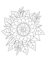 Coloring book page for adult and kids. Cute doodle composition with abstract flowers and leaves