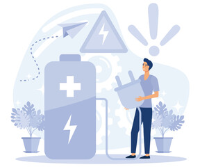 Accumulator battery use concept,  Innovative battery technology, energy storage, safe energy device, flat vector modern illustration