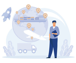 International delivery service concept,  Global transportation system, ship tracking, collaborative logistics, marine traffic, online global tracker, flat vector modern illustration