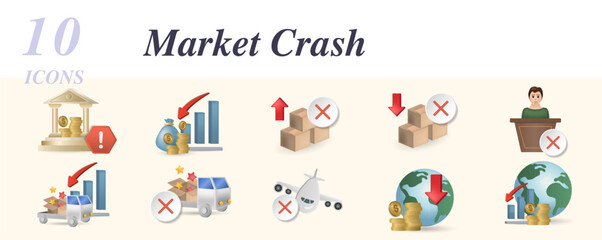 Market crash set. Creative icons: financial crisis, export ban, import ban, impeachment, logistic crisis, embargo, air traffic ban, economic default, economic crisis.