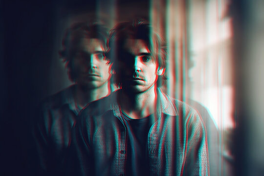 Portrait of schizophrenic man with mental disorders and paranoia in depression. Generative AI