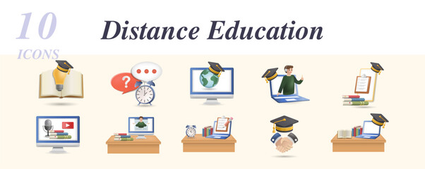 Distance education set. Creative icons: knowledge, quiz, distance education, learning support, mobile learning, blended learning, distance teacher, distance exam, future profession, e-learning.