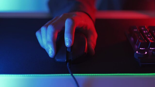 Scrolling mouse. Choosing option. Hand of man pressing button seamless loop surfing internet using computer mouse online gaming working pc dark light. Generative AI