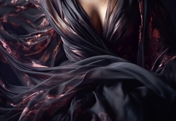 Fototapeta premium beautiful young girl in flying dress. Flowing fabric. Light transparent fabric flutters in the wind. Creative illustration. Generative AI