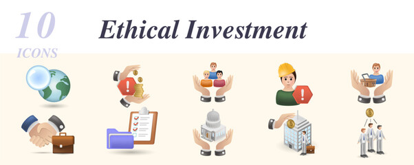 Ethical investment set. Creative icons: transparency, corruption, human rights, child labour, customer and product responsibility, compliance, boars independence, executive compensation.