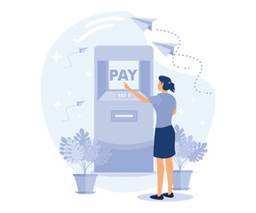 Brick and mortar bank concept, self-service terminal,  bill payments, financial services, flat vector modern illustration