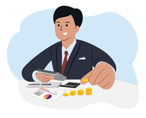 illustration of office man working calculating income. front view finance business elements assortment