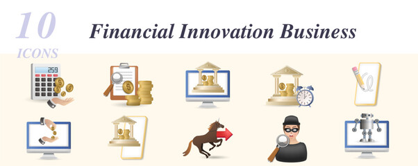 Financial innovation business set. Creative icons: tax regulation, financial data analytics, digital banking, future of money, electronic signature, crowdfunding platform, e-banking, unicorn startup