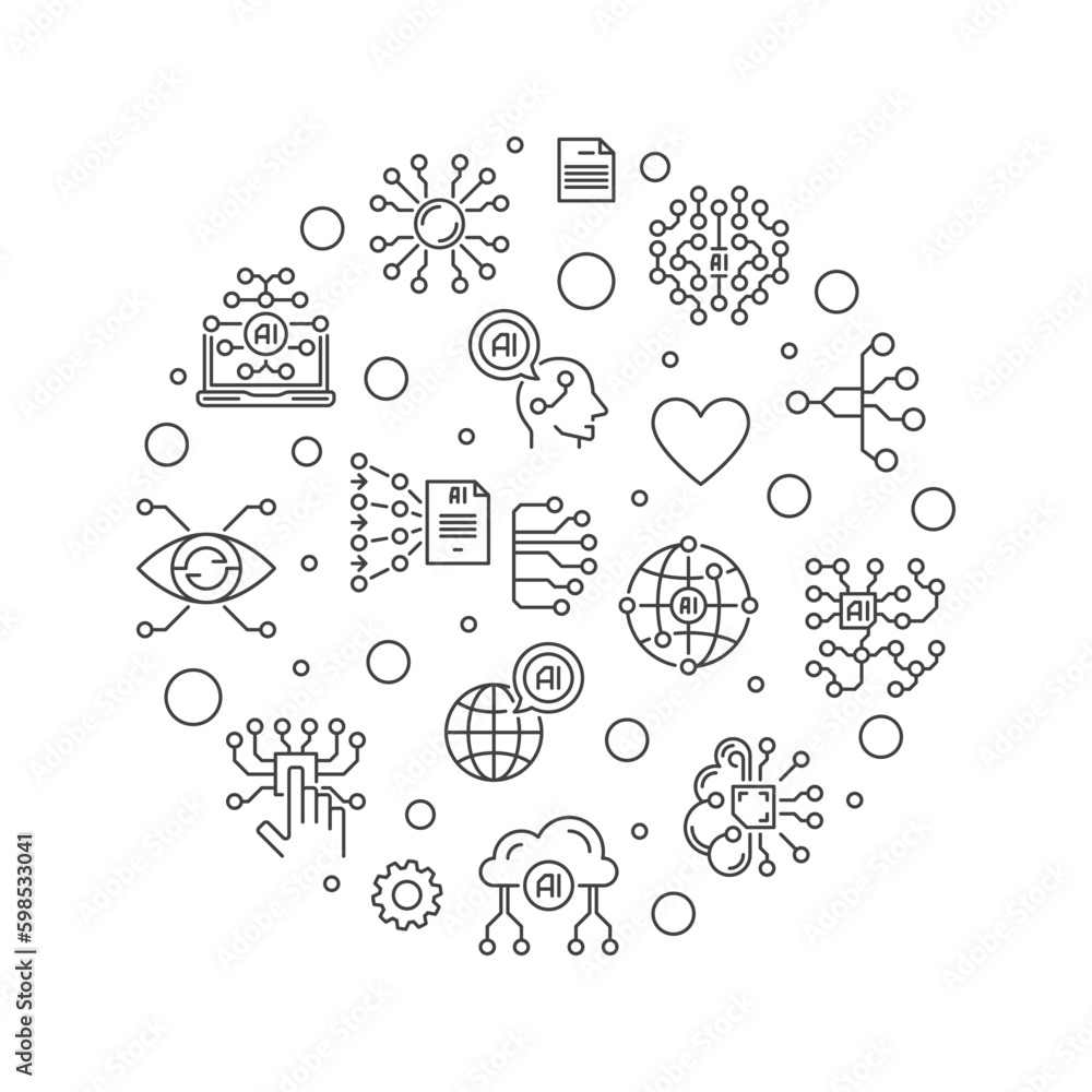 Poster artificial neural networks line round banner. vector information processing illustration