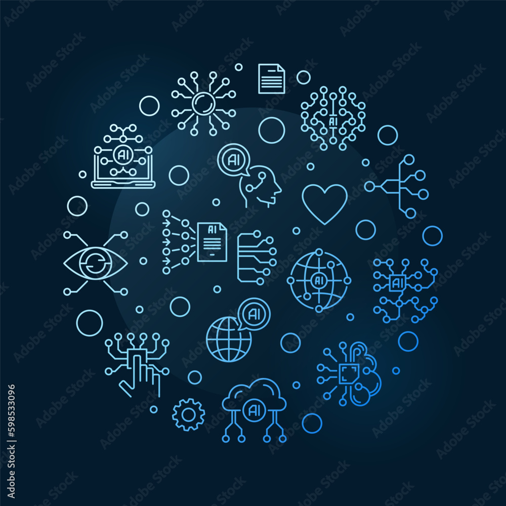 Poster artificial neural networks concept line round blue banner - vector illustration