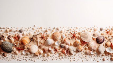 Seashell and starfish collage on white background