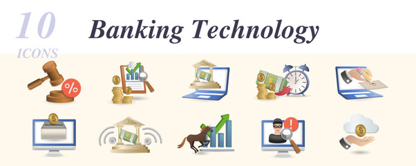 Banking technology set. Creative icons: tax regulation, financial data analytics, digital banking, future of money, electronic signature, crowdfunding platform, e-banking, unicorn startup, fraud