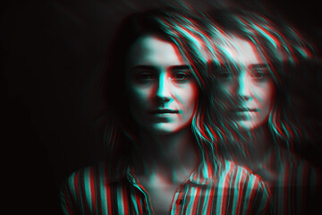 schizophrenic woman with mental disorders and paranoia in depression and stress. Black and white with 3D glitch virtual reality effect. Generative AI - obrazy, fototapety, plakaty