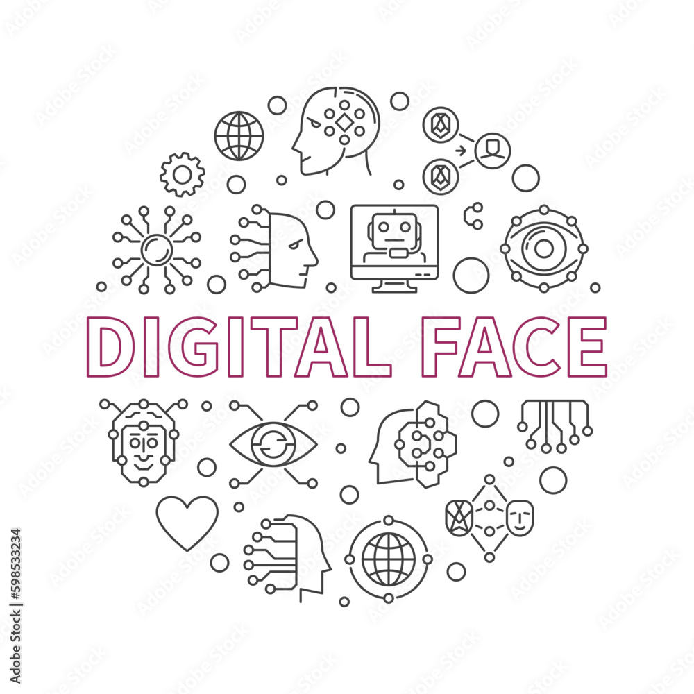 Poster digital face concept line round banner. vector ai bot technology illustration