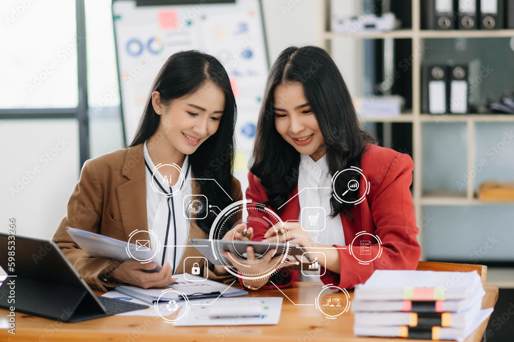 Aufkleber working team meeting concept, business using laptop and smart phone and digital tablet computer with