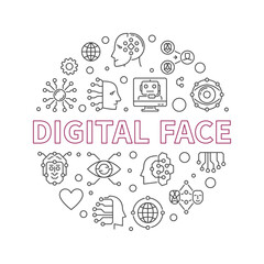 Digital Face concept line round banner. Vector AI Bot Technology illustration