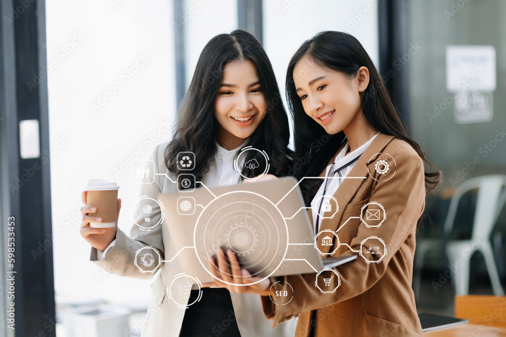 Poster working team meeting concept, business using laptop and smart phone and digital tablet computer with