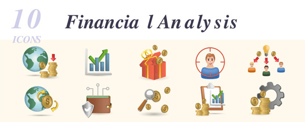 Financial analysis set. Creative icons: benefits, target market, payment security, search for money, financial report, money management.
