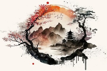 A painting of a Japanese temple with a mountain in the foreground. © shehbaz