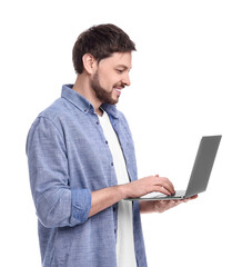 Happy man with laptop on white background