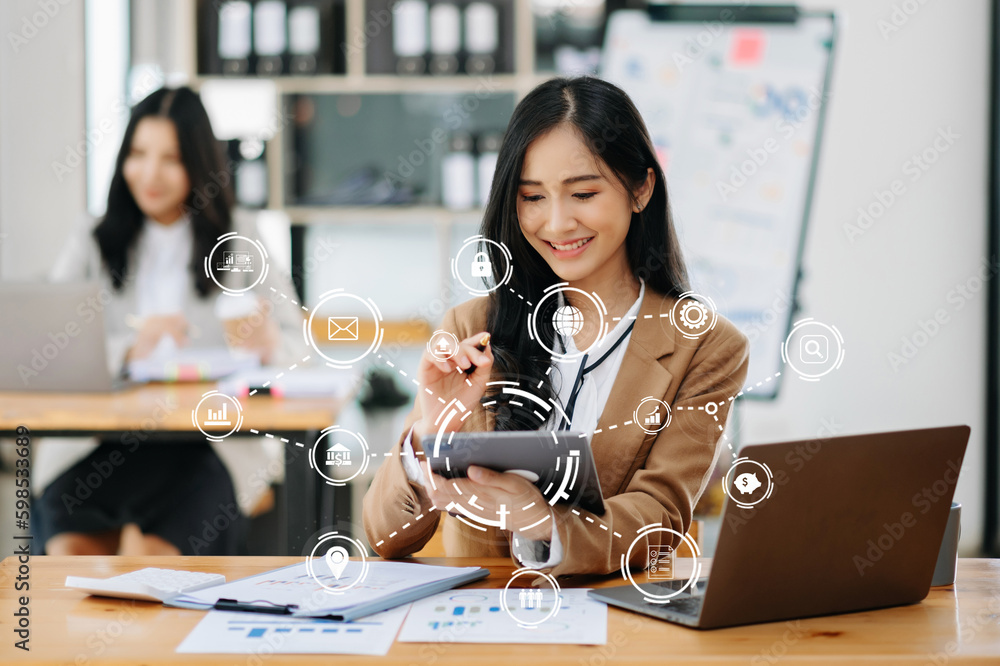 Aufkleber working team meeting concept, business using laptop and smart phone and digital tablet computer with