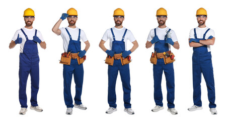Photos of builder with construction tools on white background, collage design