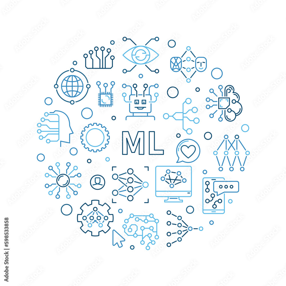 Poster ml concept round line banner. vector machine learning illustration