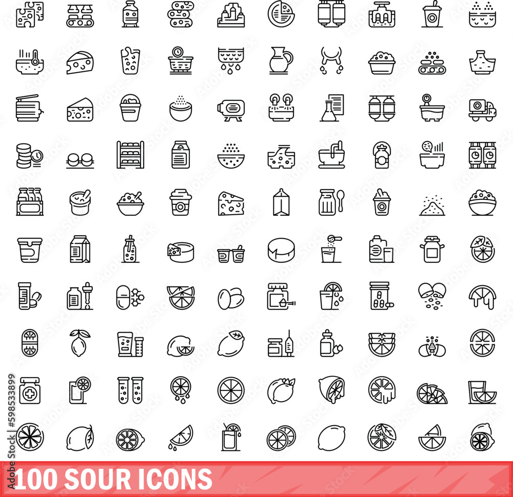 Poster 100 sour icons set. outline illustration of 100 sour icons vector set isolated on white background