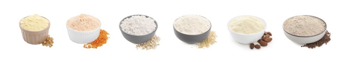 Different types of flour in bowls and ingredients on white background, collage design
