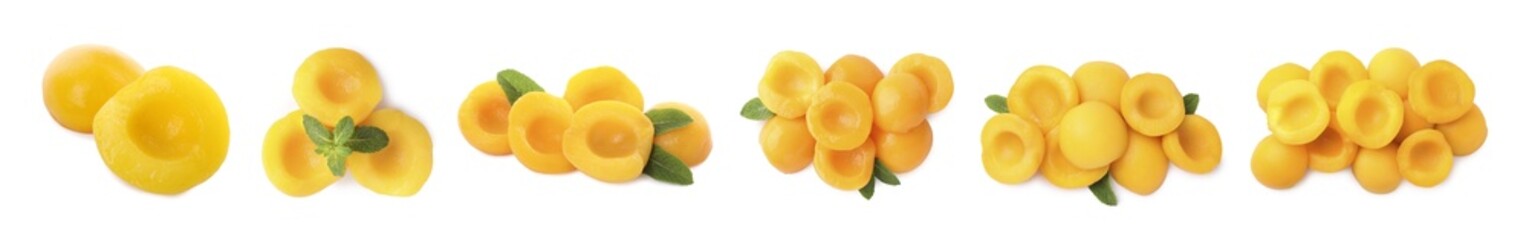 Fototapeta na wymiar Collage with tasty canned peaches isolated on white