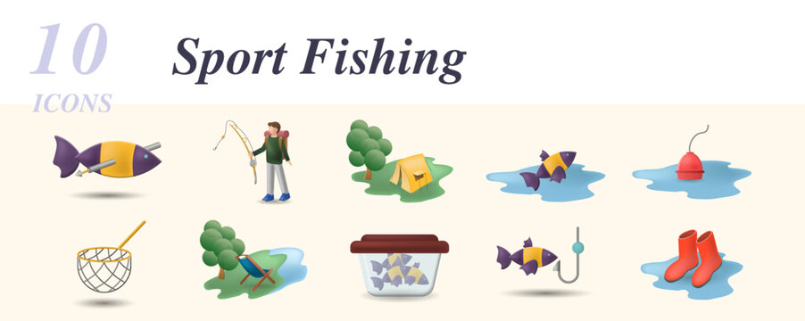 Sport fishing set. Creative icons: spearfishing, tent, fish, float, landing net, folding chair, fishing bag, fish on hook, boots.