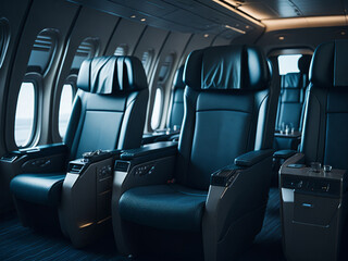 The interior of the plane business class with luxurious seats. AI generated.