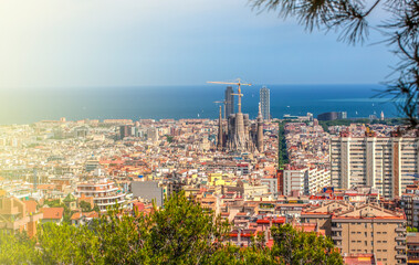 Obraz premium Sagrada Familia panorama view of Barcelona city,Spain on sunlight