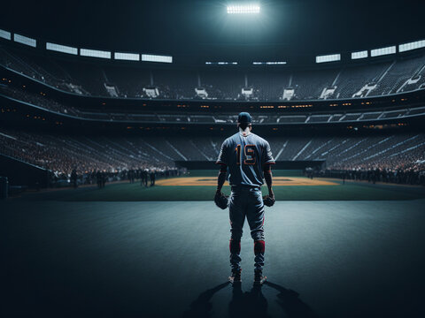 Baseball player on the field at night. AI generated.