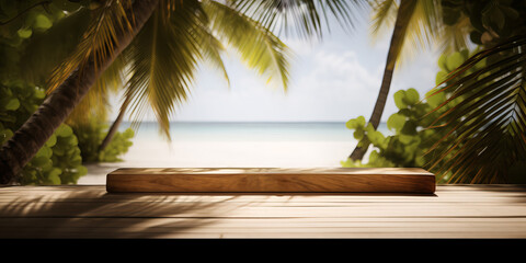 Seaview and wood table with palm leaves, summer vacation background, summertime and exotic product presentation. AI generative